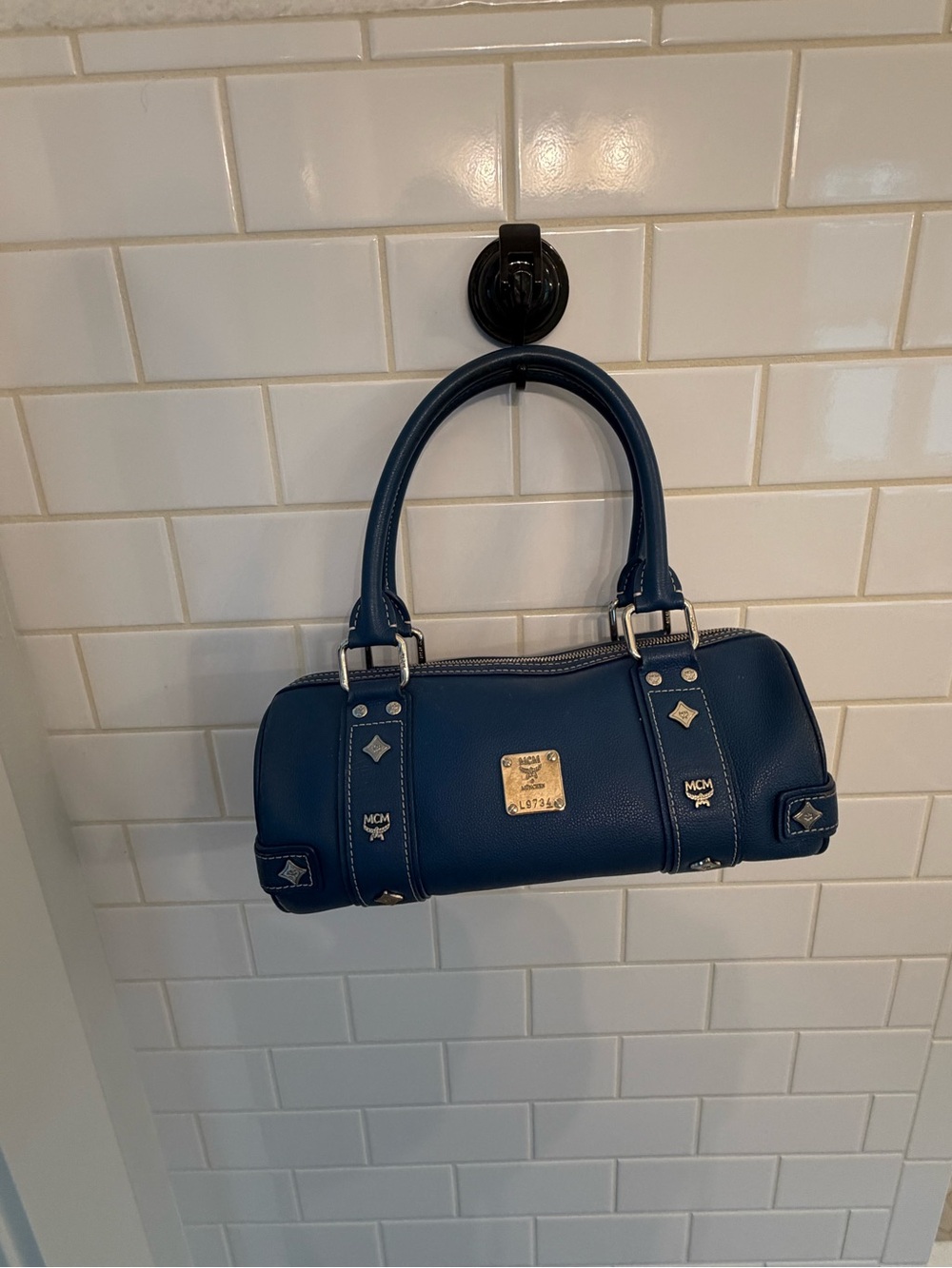 MCM Navy Blue Leather Barrel Shoulder Bag with Silver Hardware - Picture 2 of 6